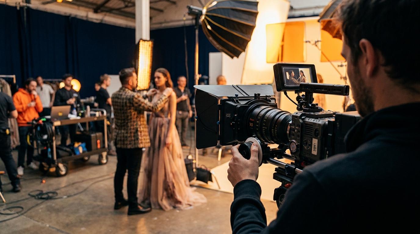 Plateau de tournage en action, un premier assistant caméra de dos réglant la mise au point sur une caméra cinéma, équipe et lumières autour d'un shooting mode